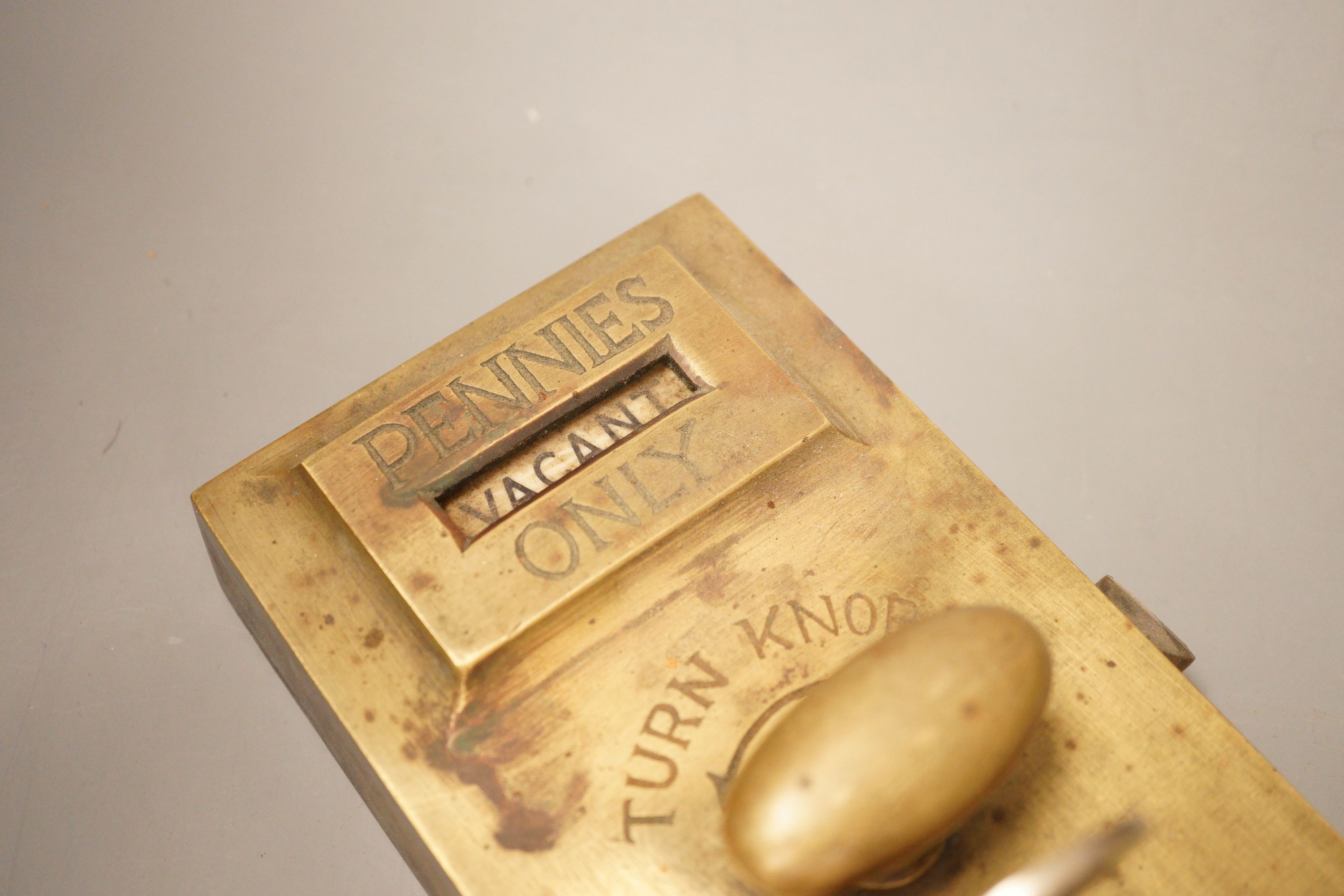 A Cero Patent public lavatory brass door lock from The Anchor Tearooms, Forest Row, penny operated